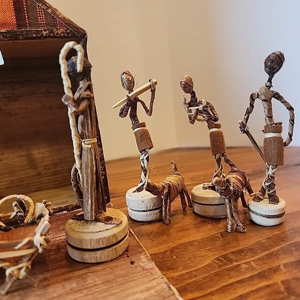 African Christmas Nativity Scene Banana Fiber Wood Unique Holiday Display Tribal